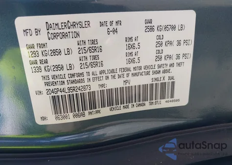 2005 Dodge Grand Caravan Sxt z USA, uszkodzony, nr VIN 2D4GP44L95R242873